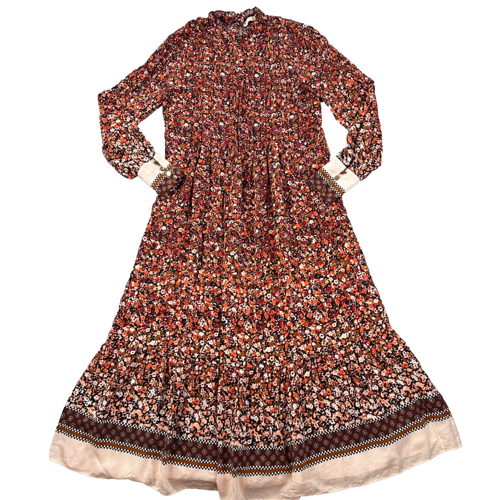 Marie Oliver Catie Midi Dress Size Small Silk Floral Long Sleeve High Neck Pleat